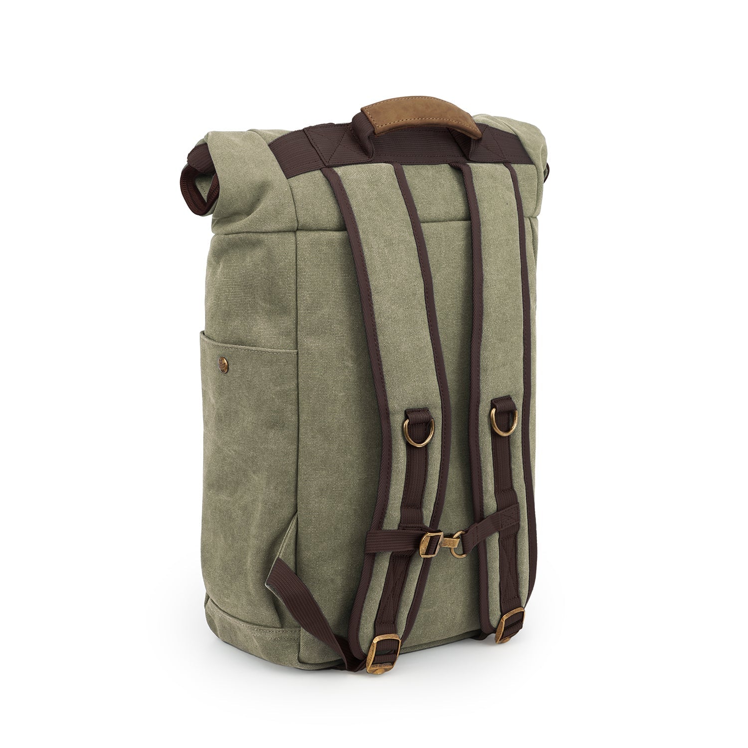 a green backpack with brown straps on a white background