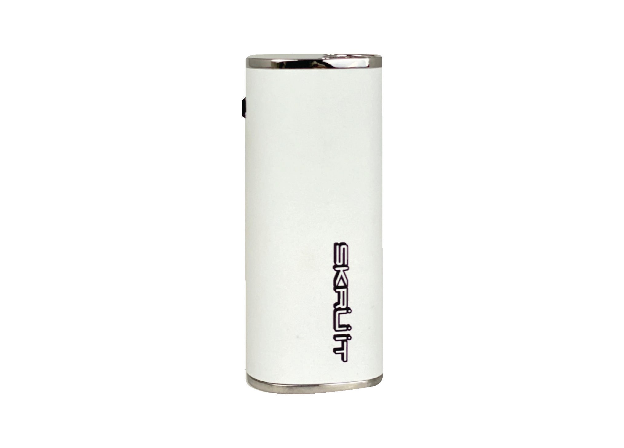 a white lighter with a black logo on it