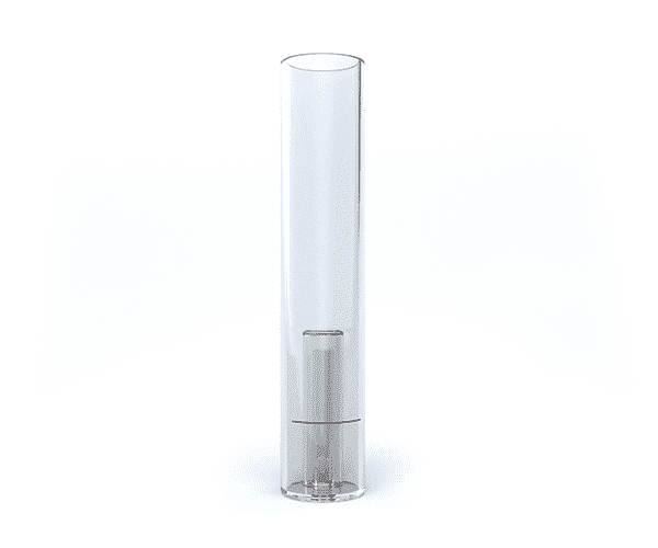 a tall glass tube with a metal base