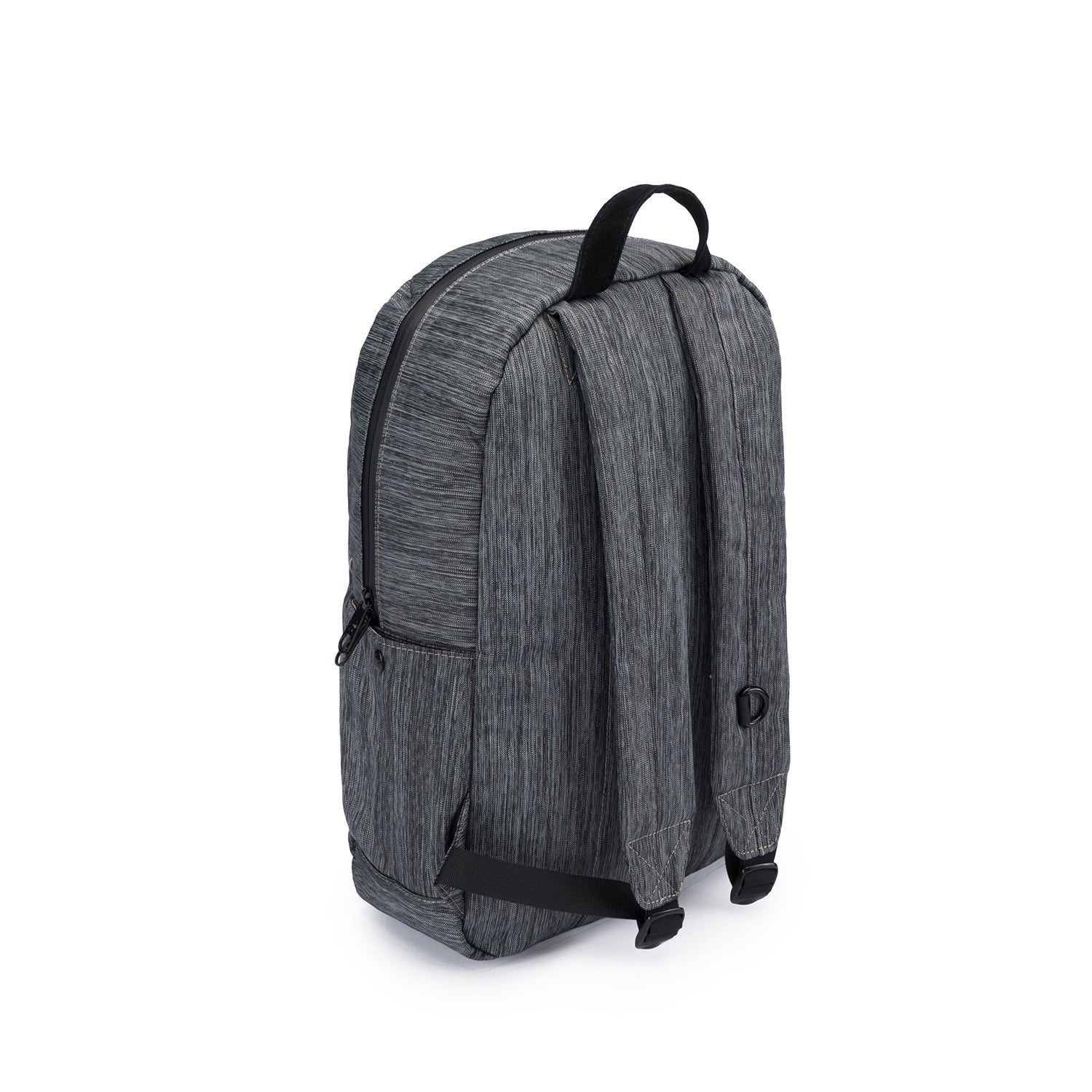 a gray backpack with a black handle