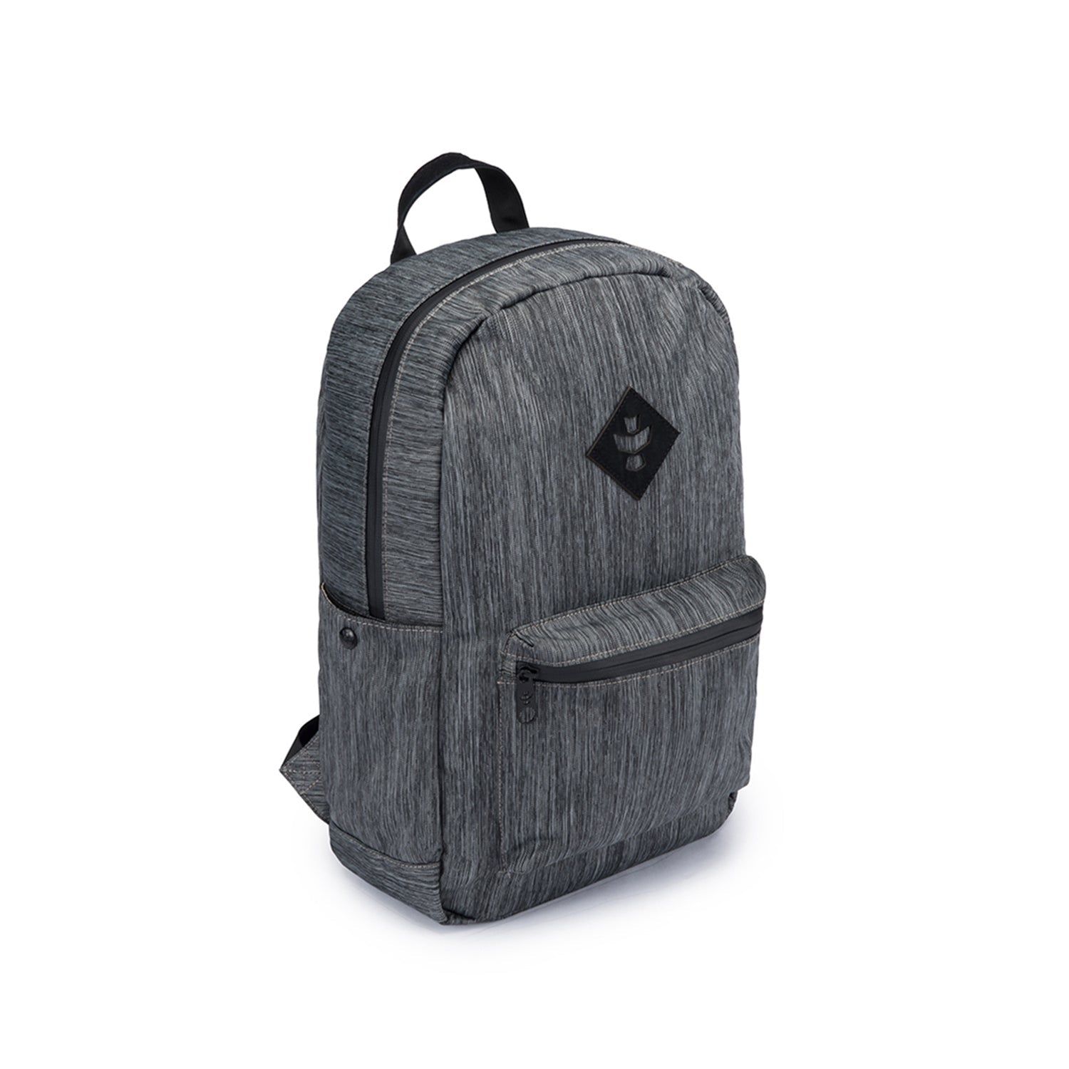 a gray backpack with a black logo on it