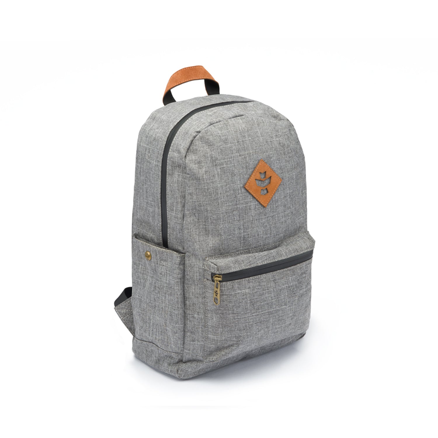 a gray backpack with a brown logo on it