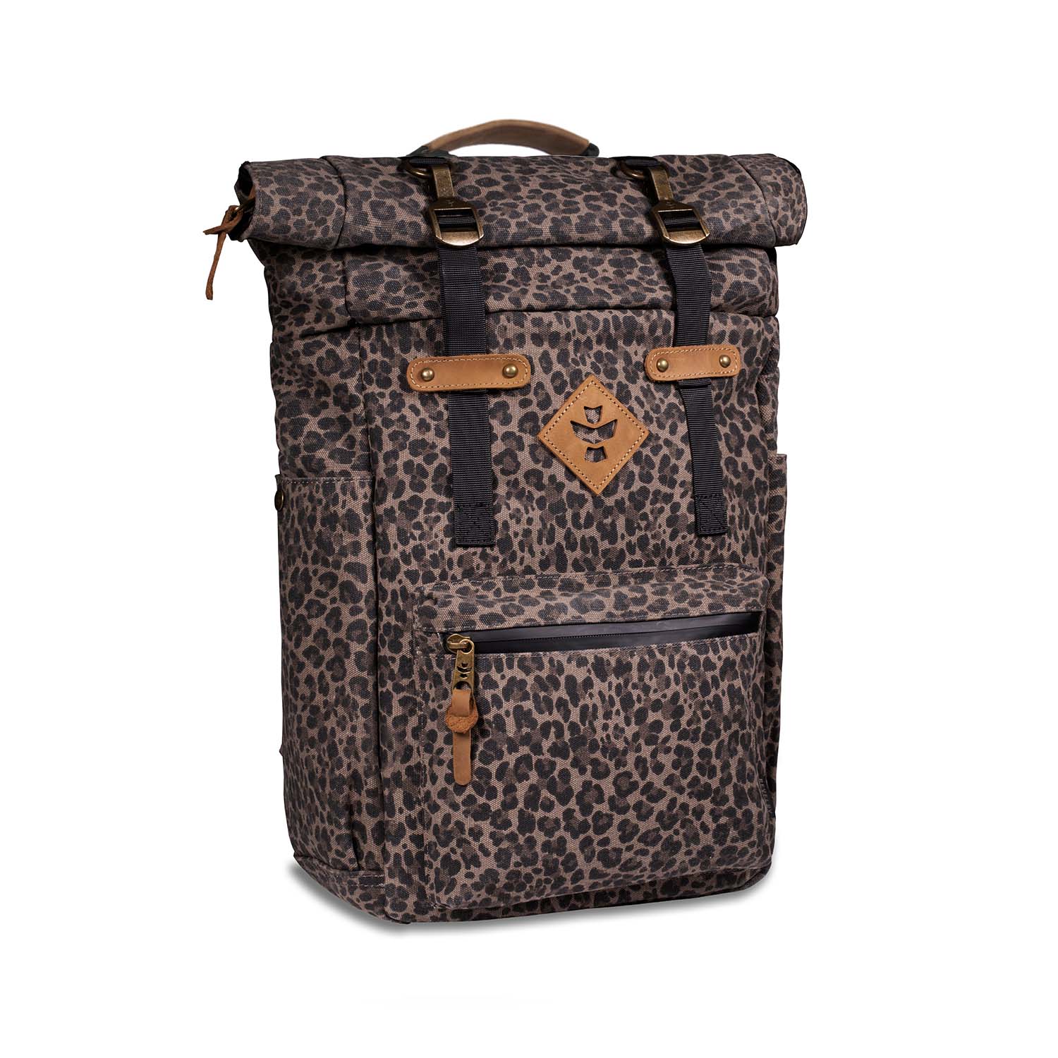 a leopard print backpack with a brown handle