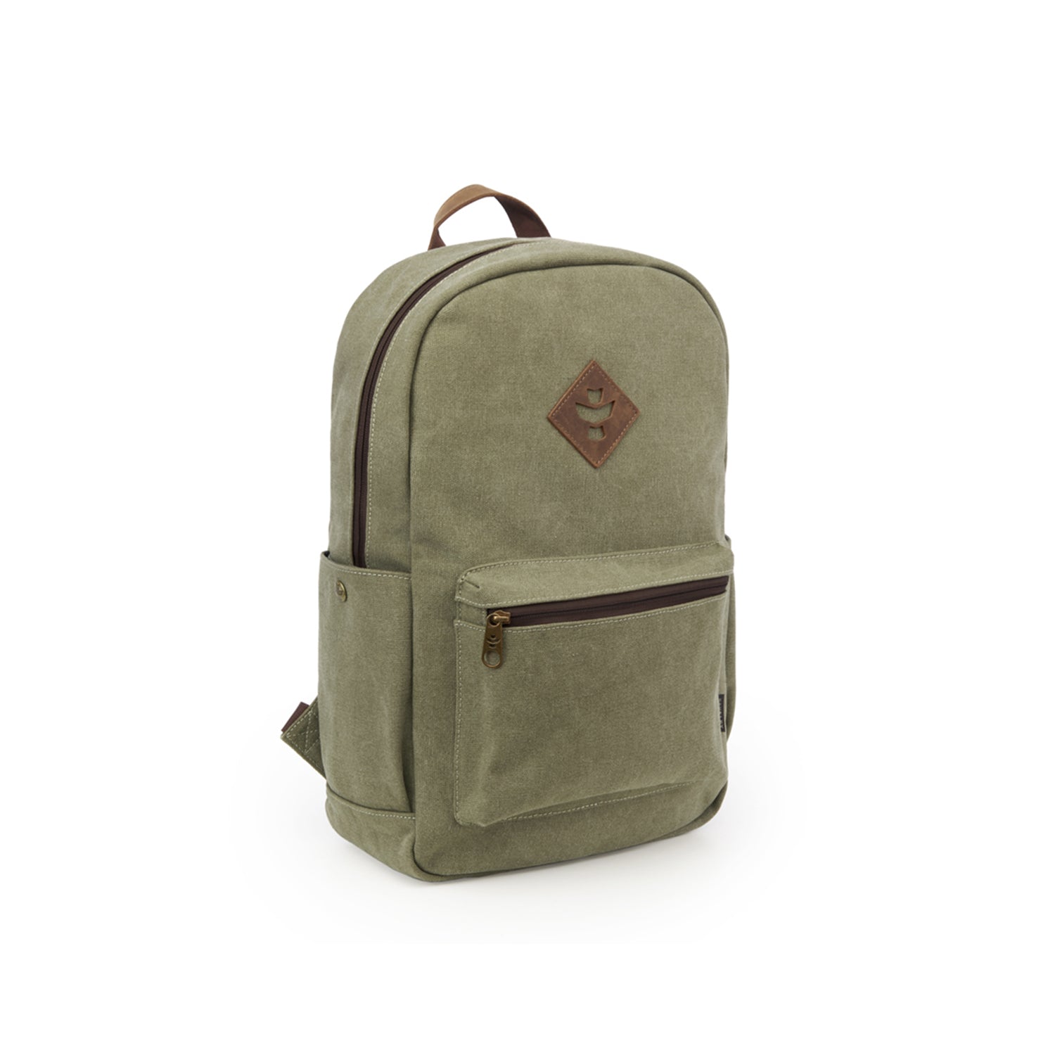 a green backpack with a brown logo on it