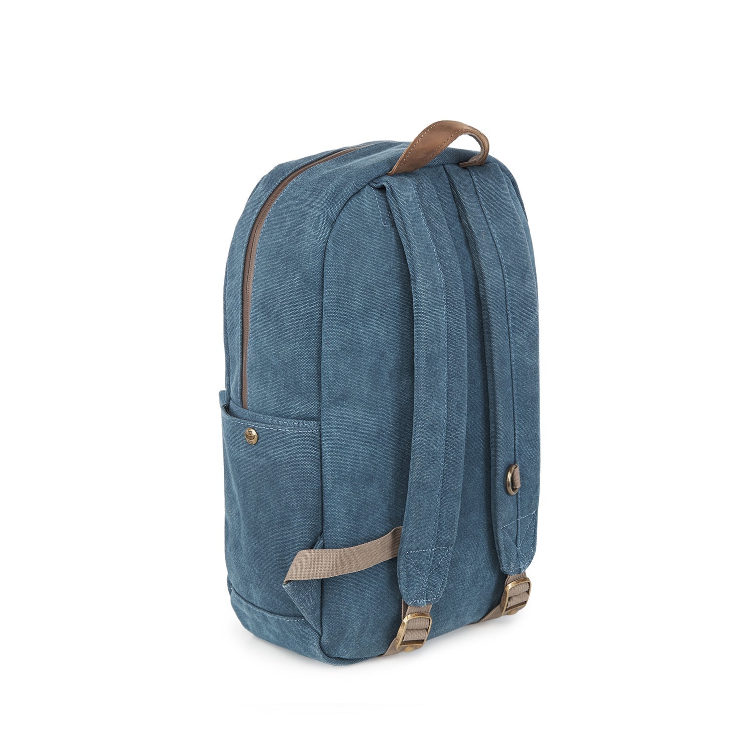 a blue backpack with a brown strap