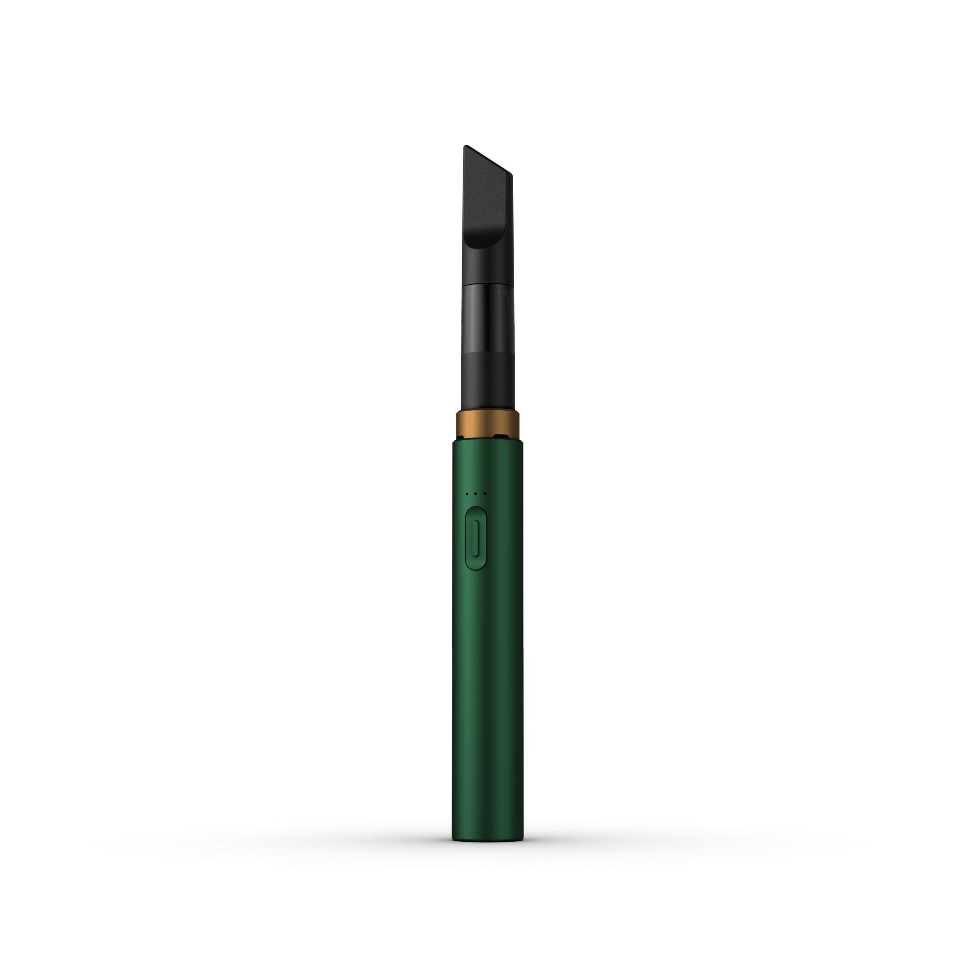 a green pen with a black tip on a white background