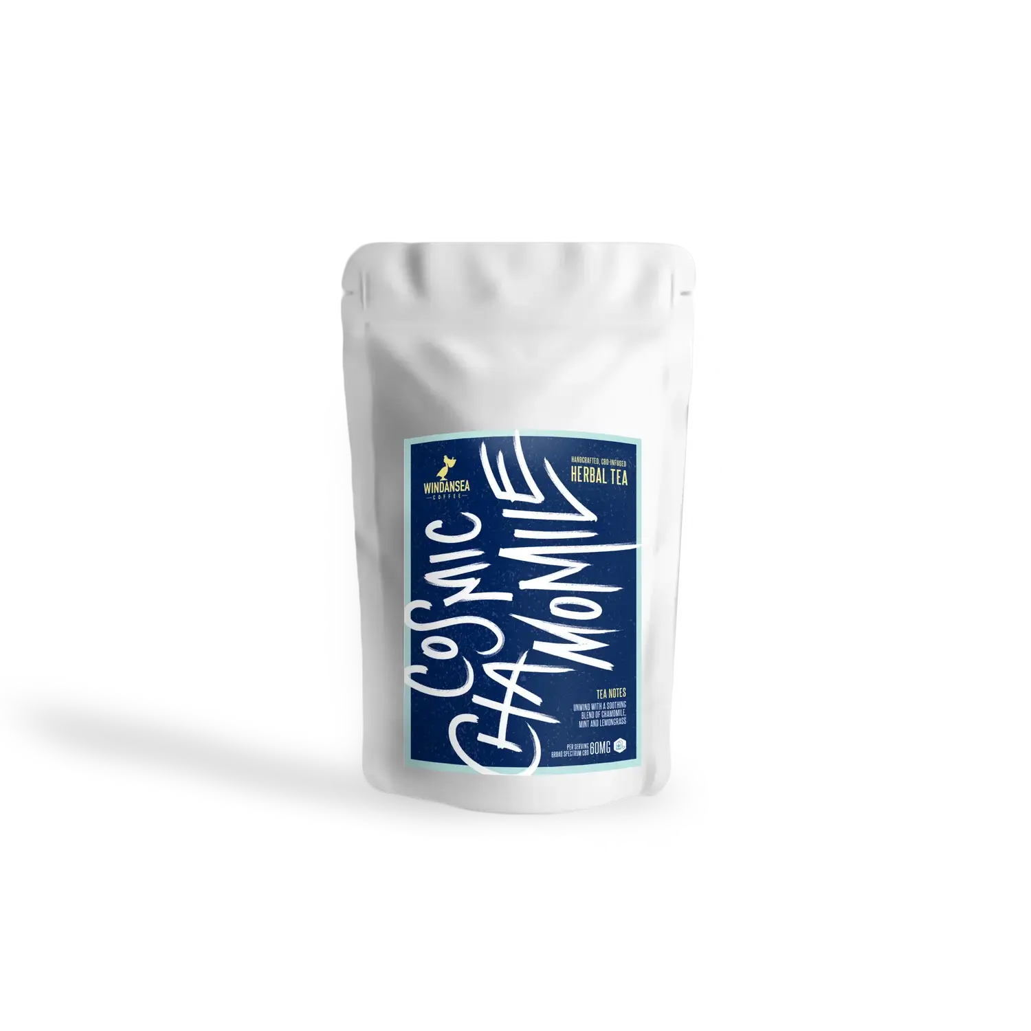 a white bag of coffee with blue writing on it