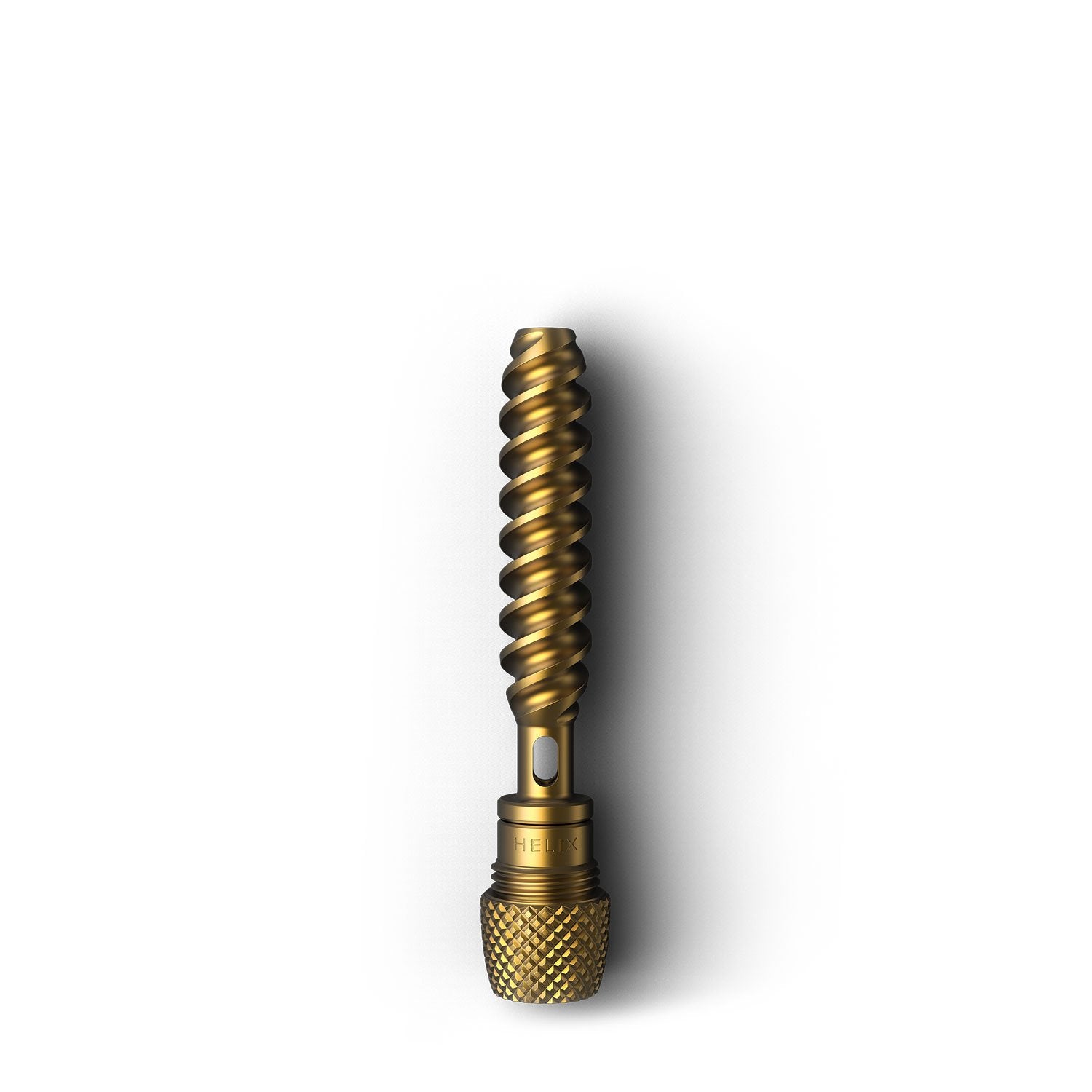 a gold screw with a white background