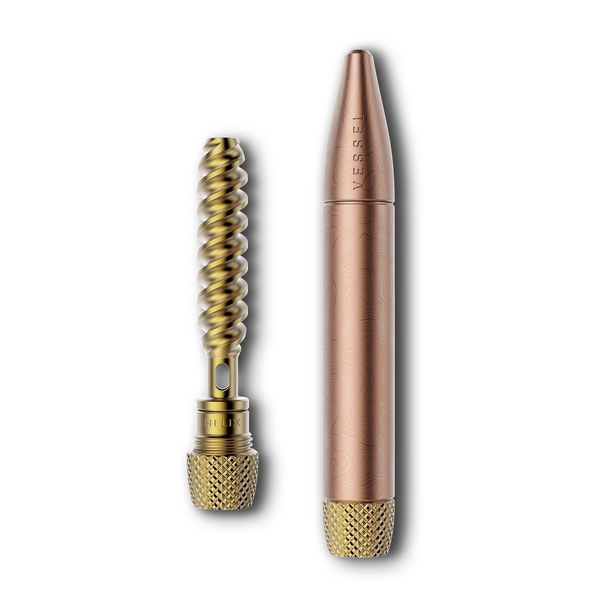 a gold bullet shaped object next to a gold screwdriver