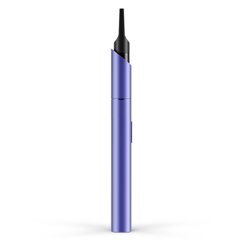 a blue pen with a black tip on a white background