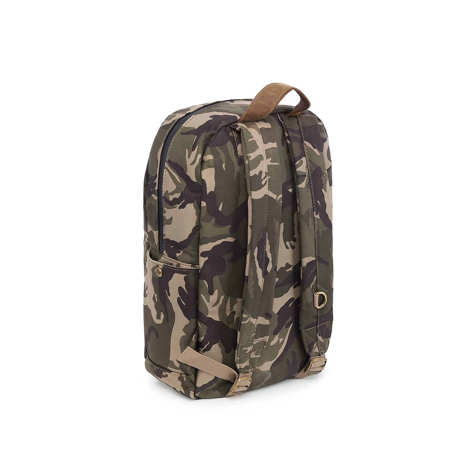 a camo backpack with a brown leather strap