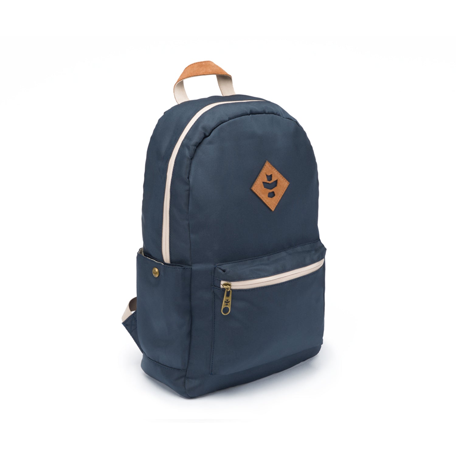 a blue backpack with a wooden handle