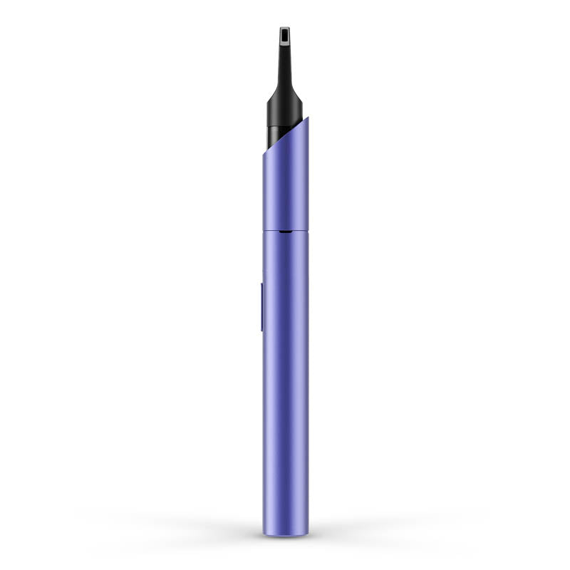 a blue pen sitting on top of a white surface