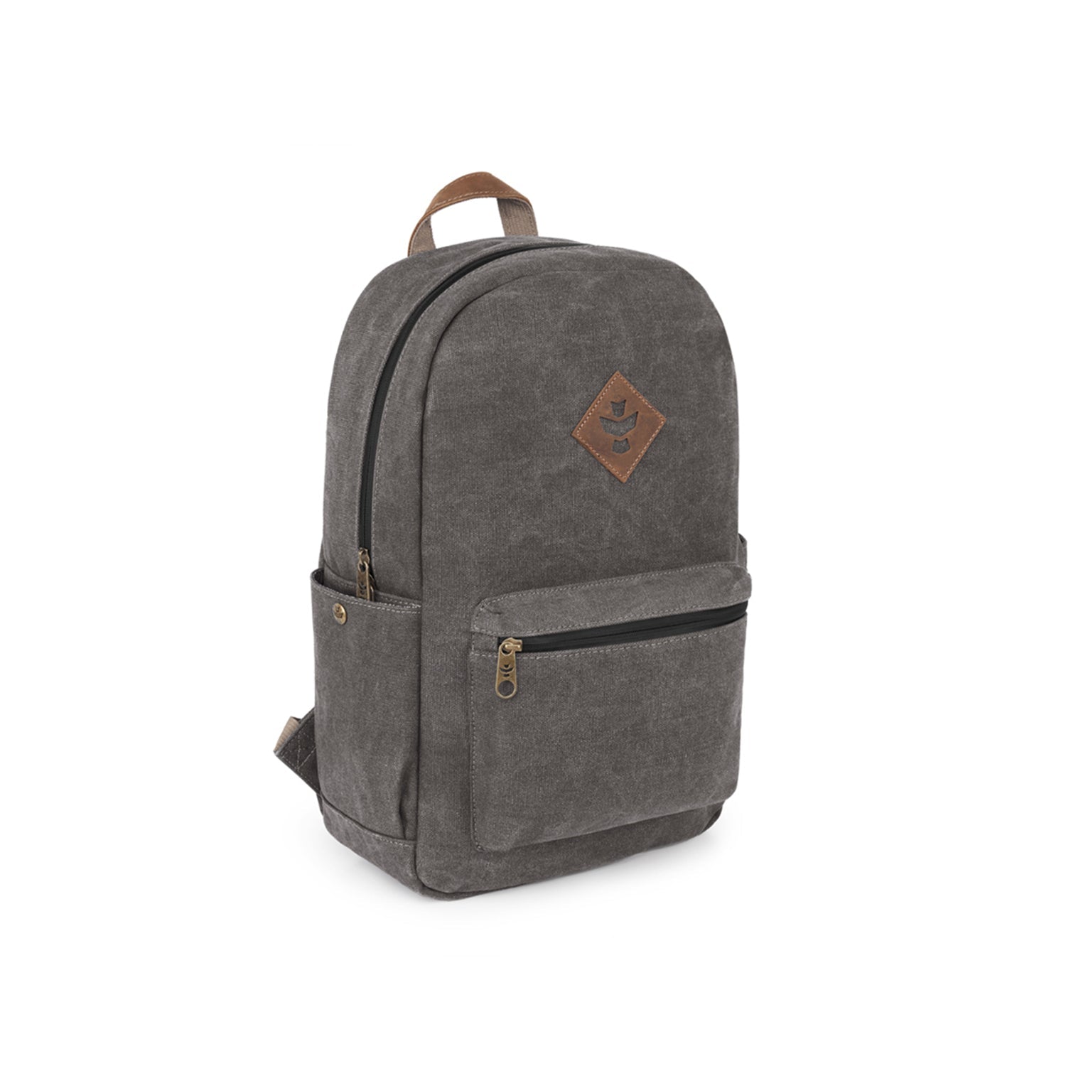 a gray backpack with a brown leather handle