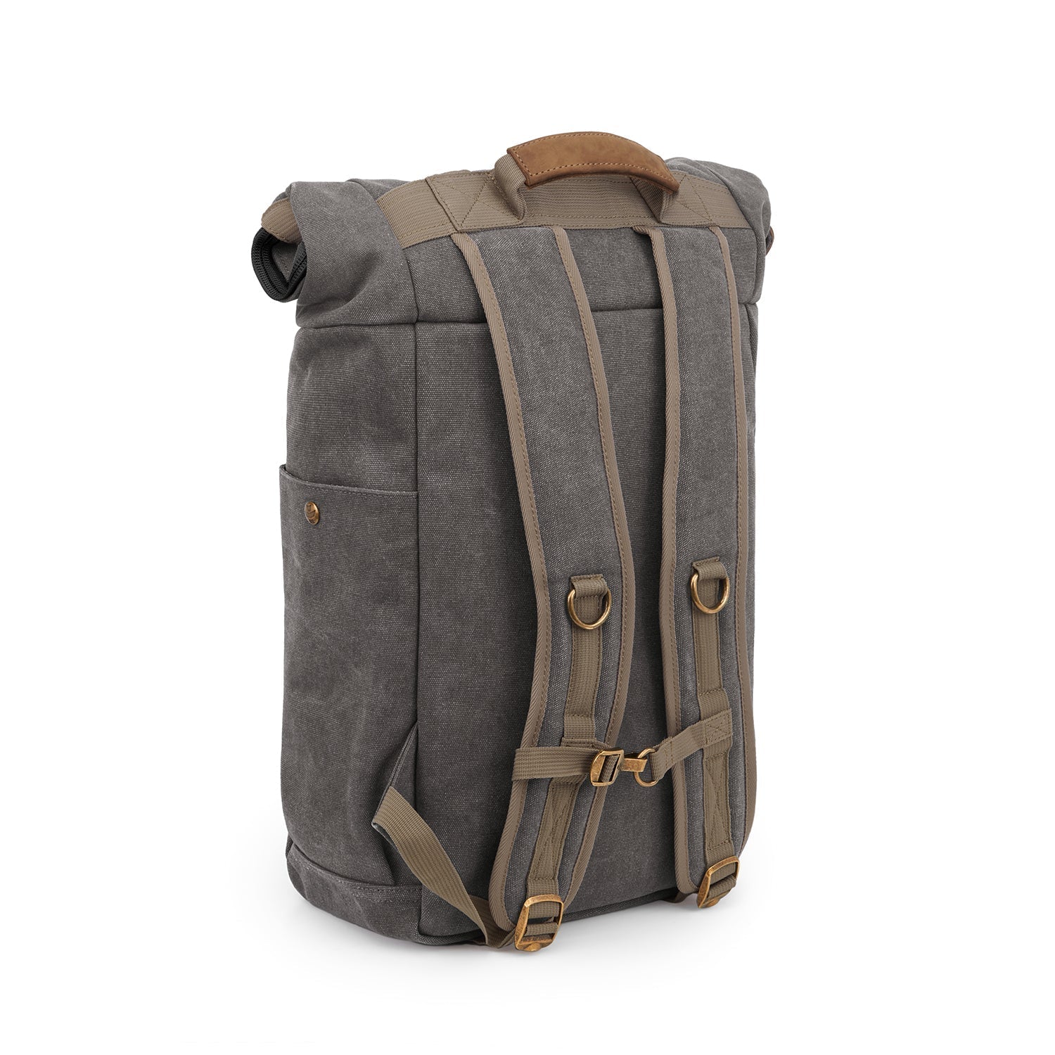 a gray backpack with a brown strap