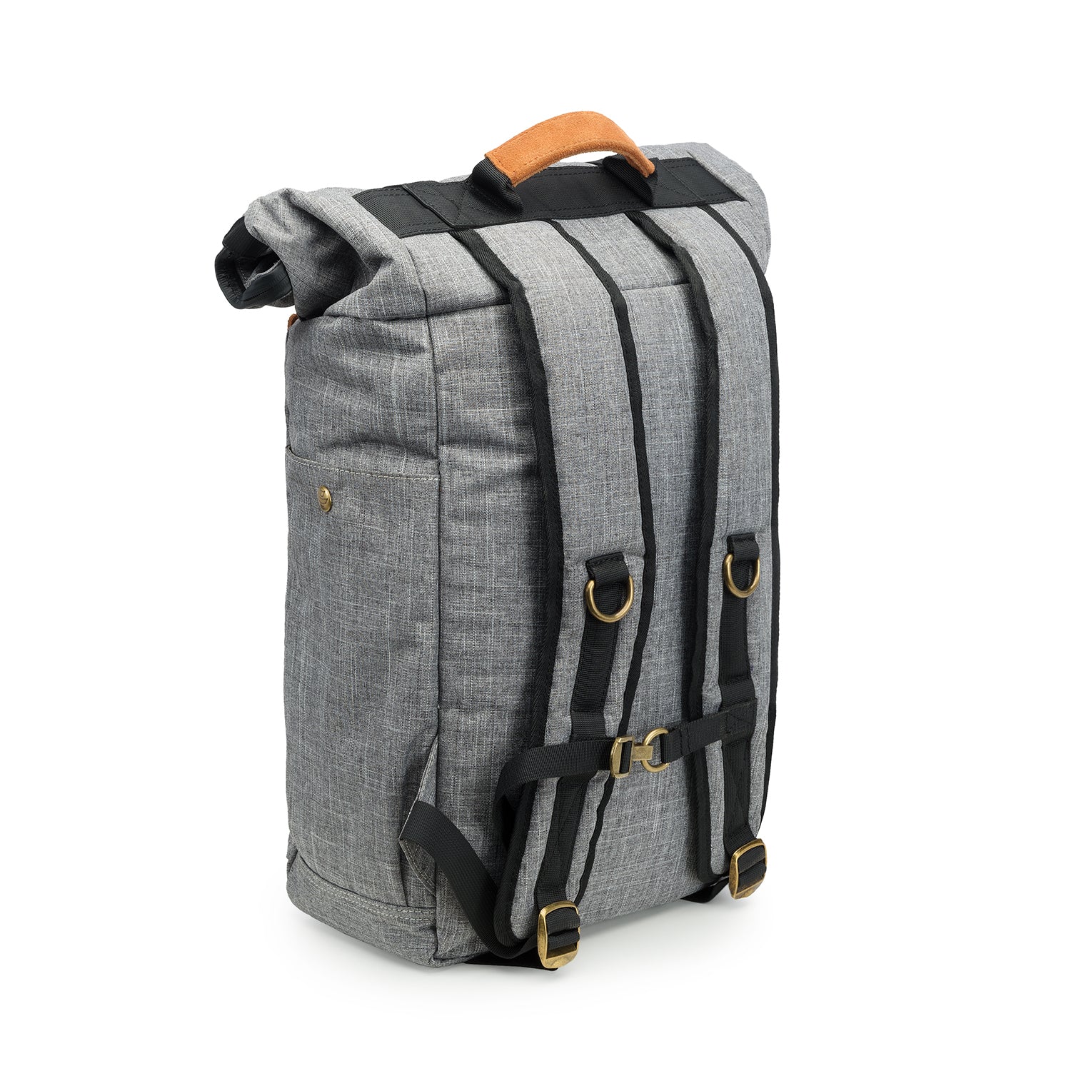 a gray backpack with a wooden handle on a white background