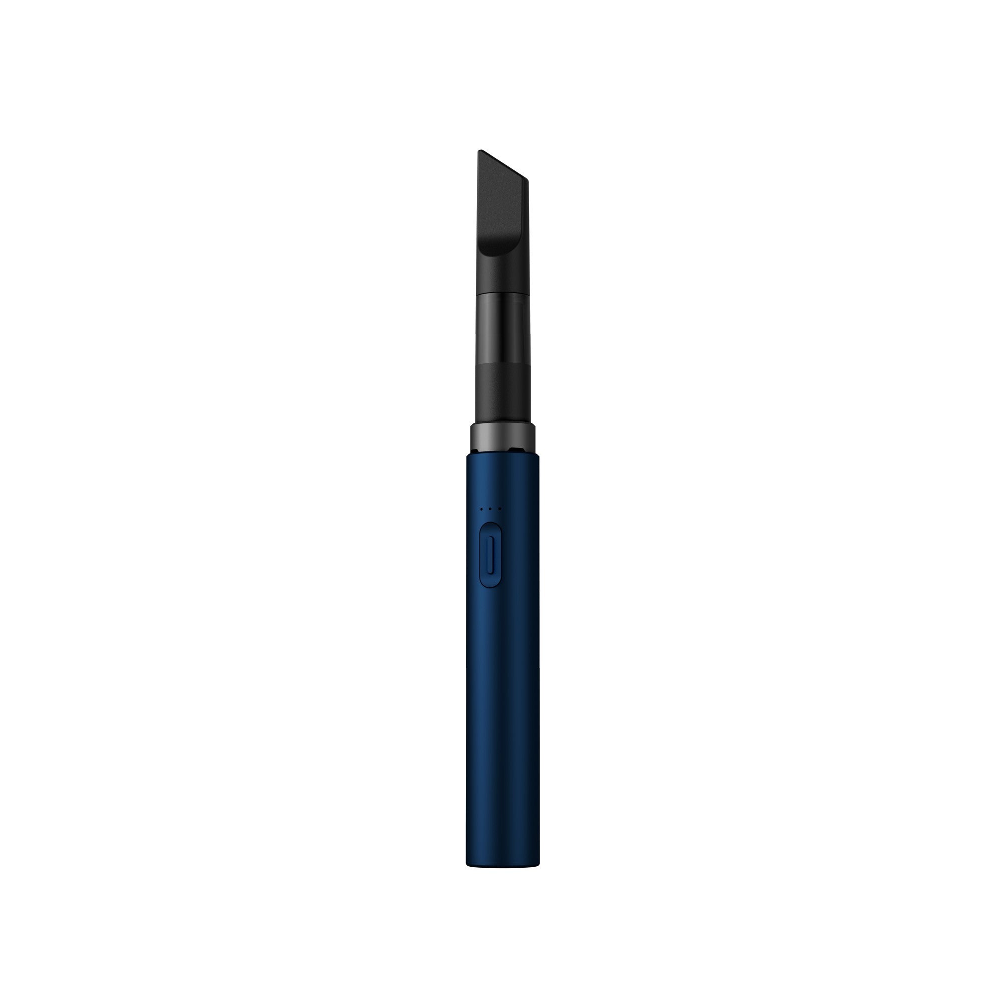 a blue pen with a black tip on a white background