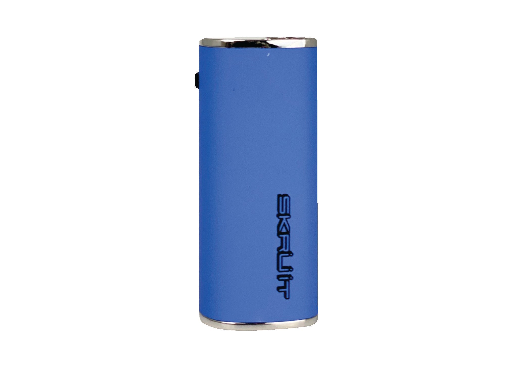 a blue lighter with a black logo on it