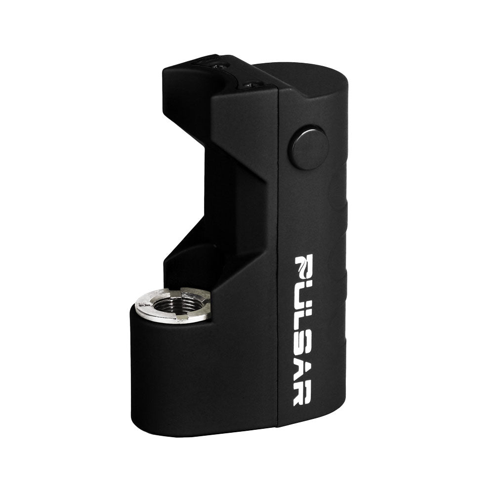 a black lighter with a white logo on it