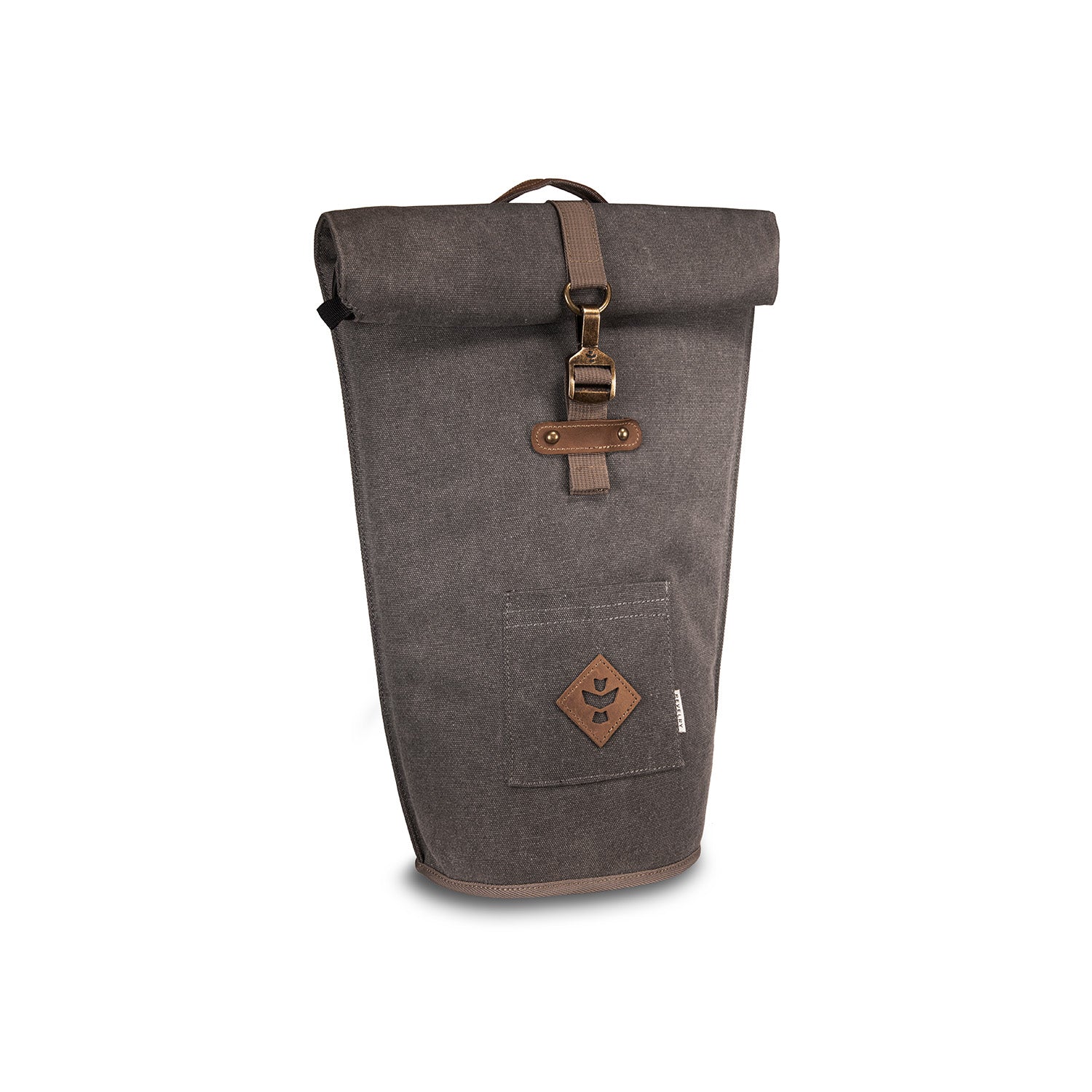 a gray bag with a brown leather handle