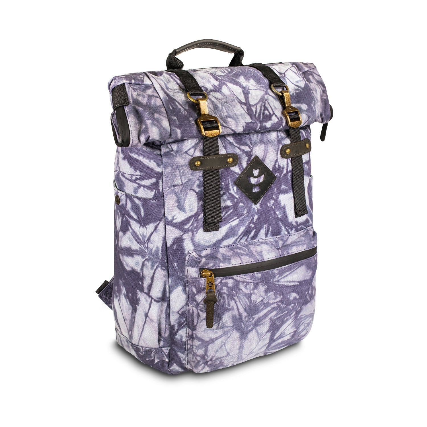 a purple and white backpack sitting on top of a white floor