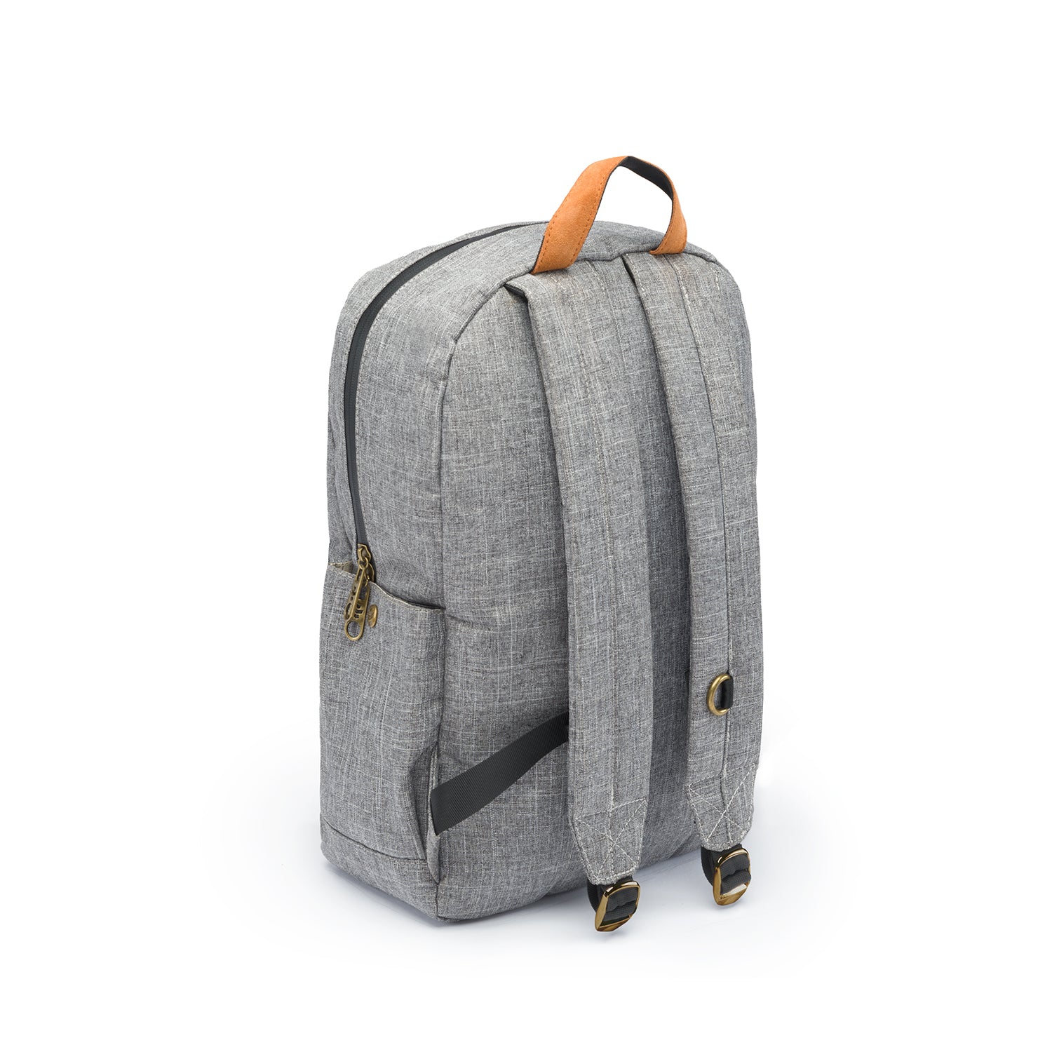 a gray backpack with a brown leather handle