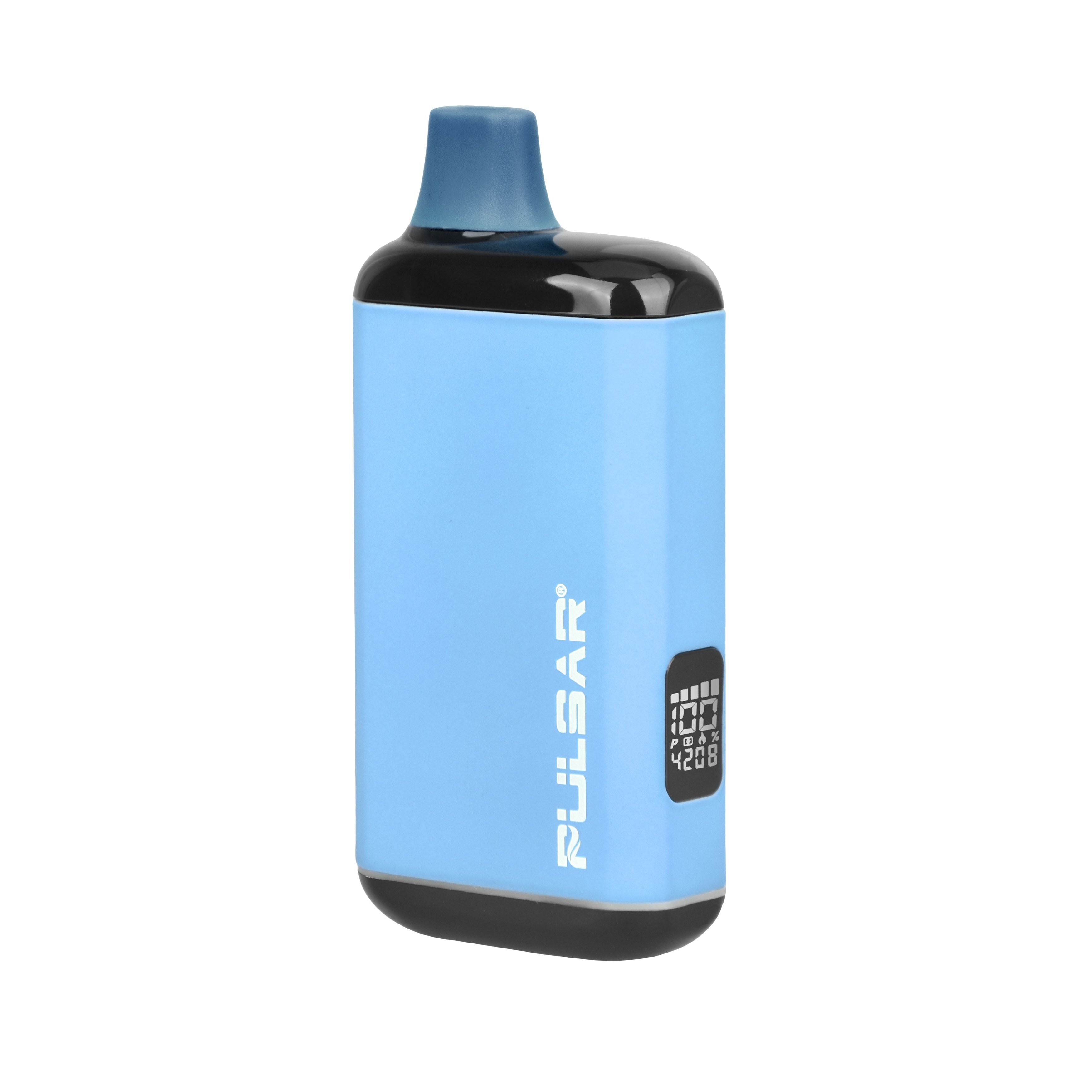 a blue and black water bottle with a black cap