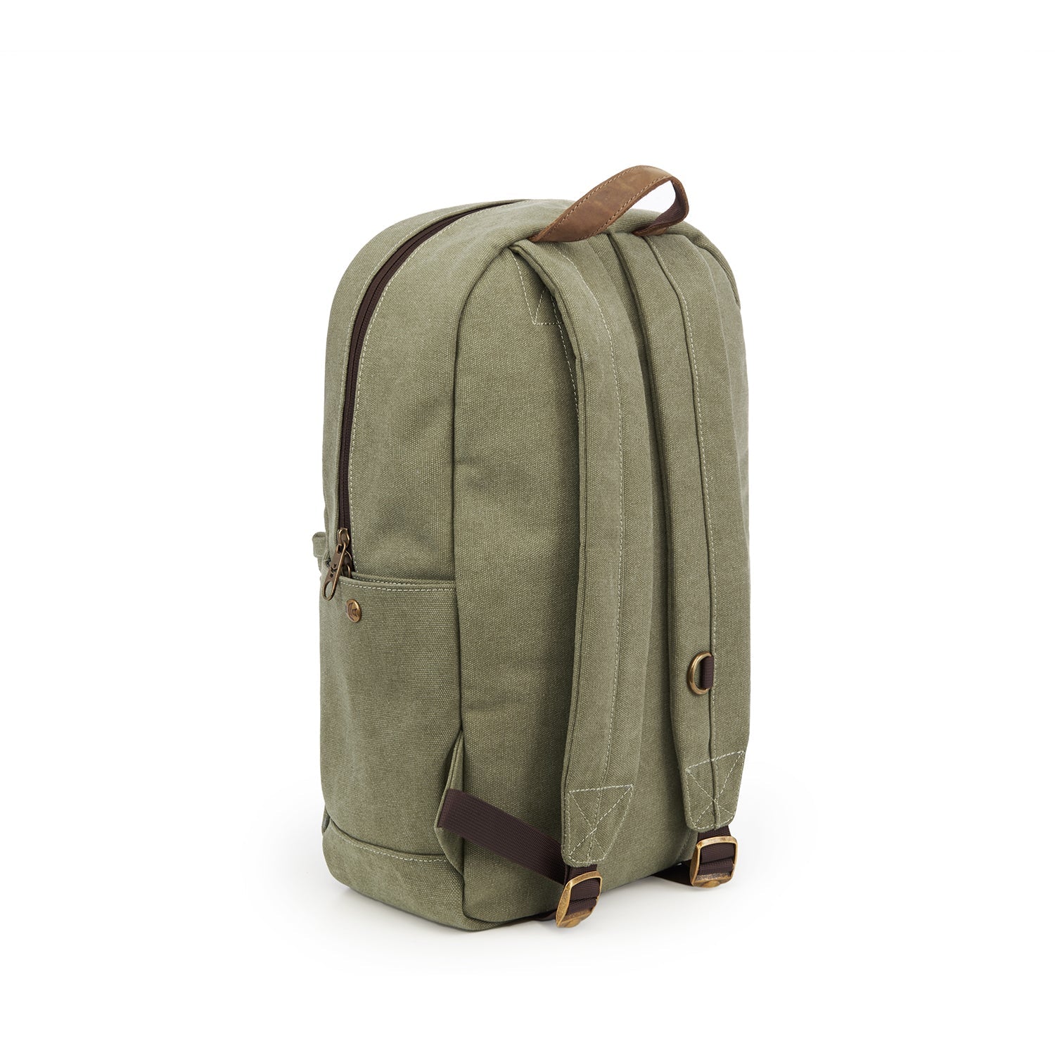 a green backpack with a brown strap