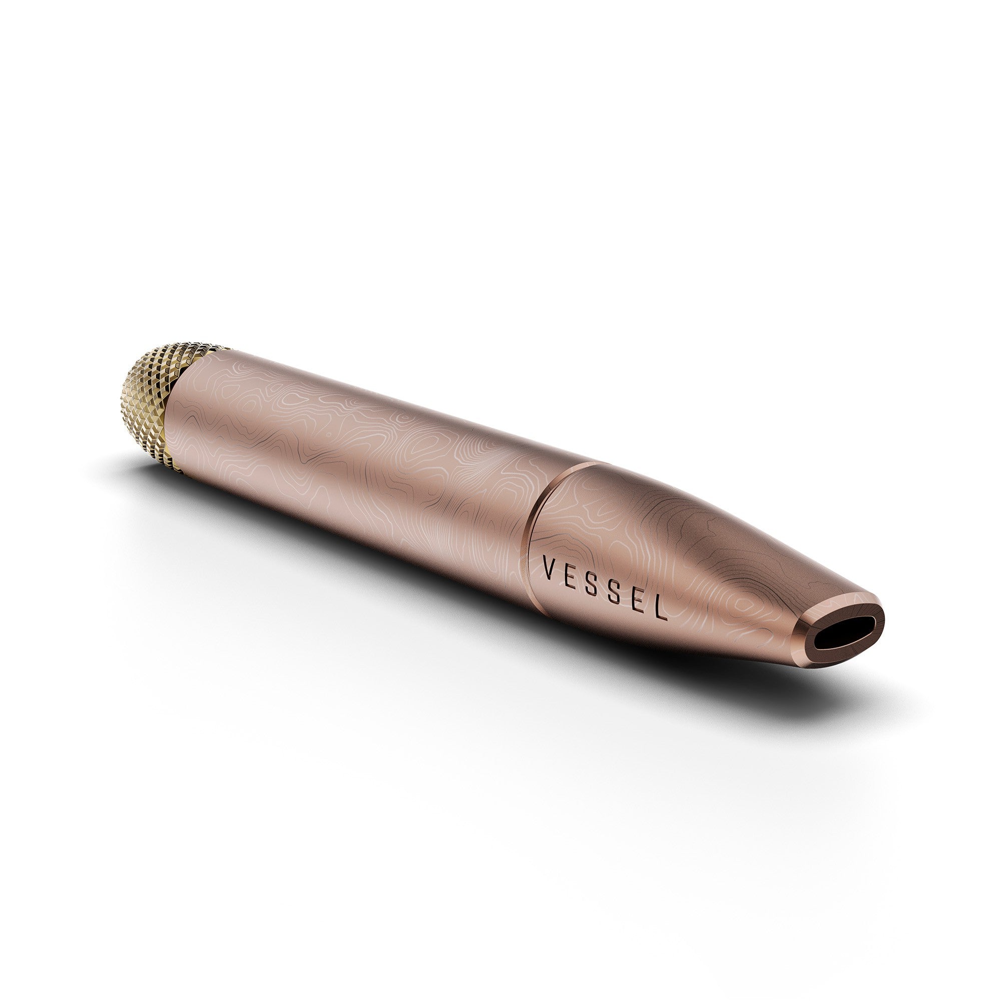 a metal pen with a gold cap on a white background