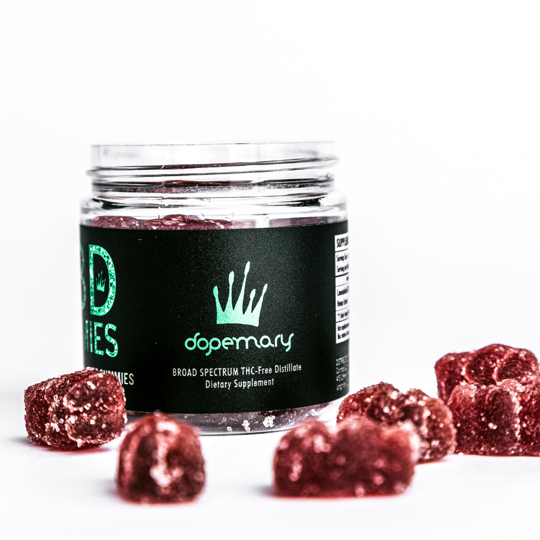 a jar of red glittered gummy bears on a white background