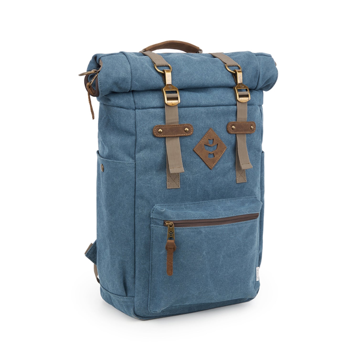 a blue backpack with two brown straps