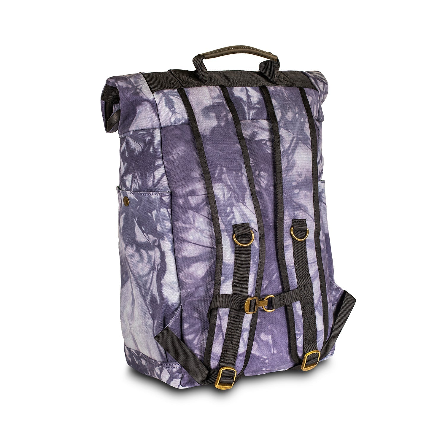 a purple and black backpack with straps