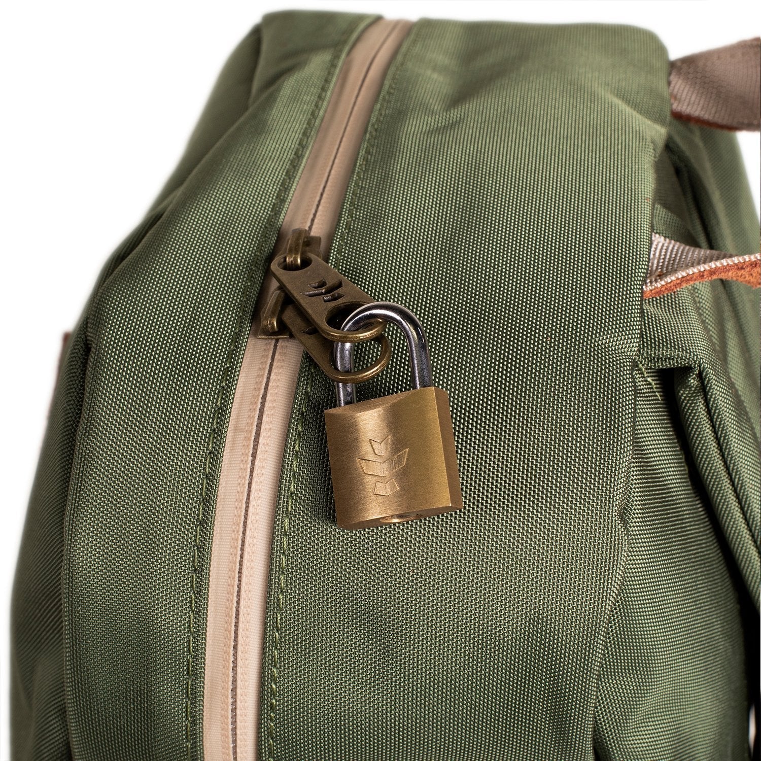 a green backpack with a padlock attached to it