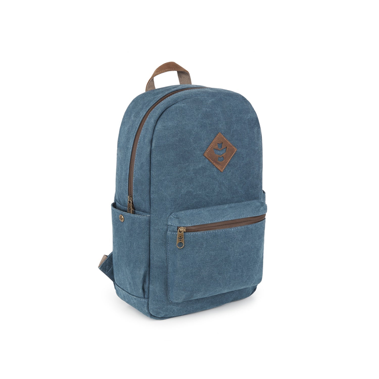 a blue backpack with a brown zipper