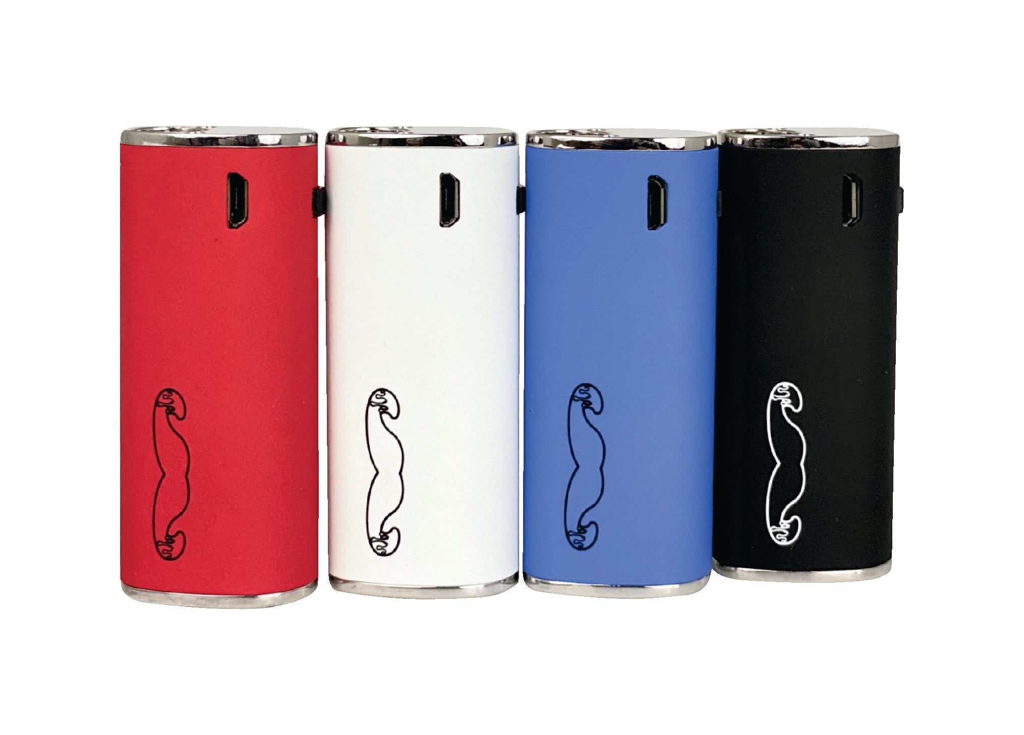 a group of four different colored lighters sitting next to each other