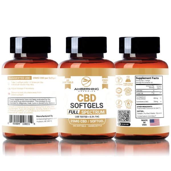 three bottles of cbd softgels on a white background