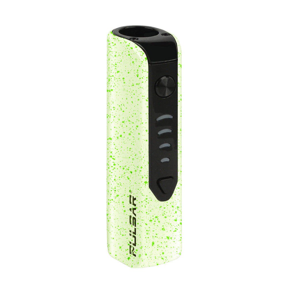 a green and black electronic device on a white background