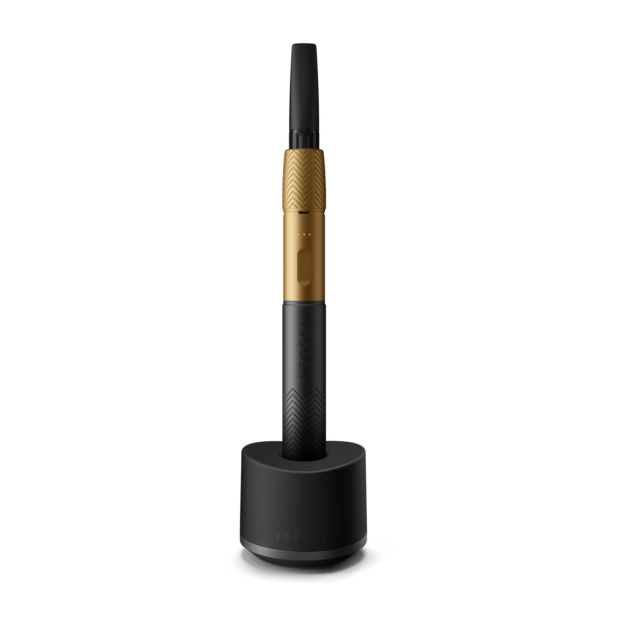 a black and gold pen on a black stand