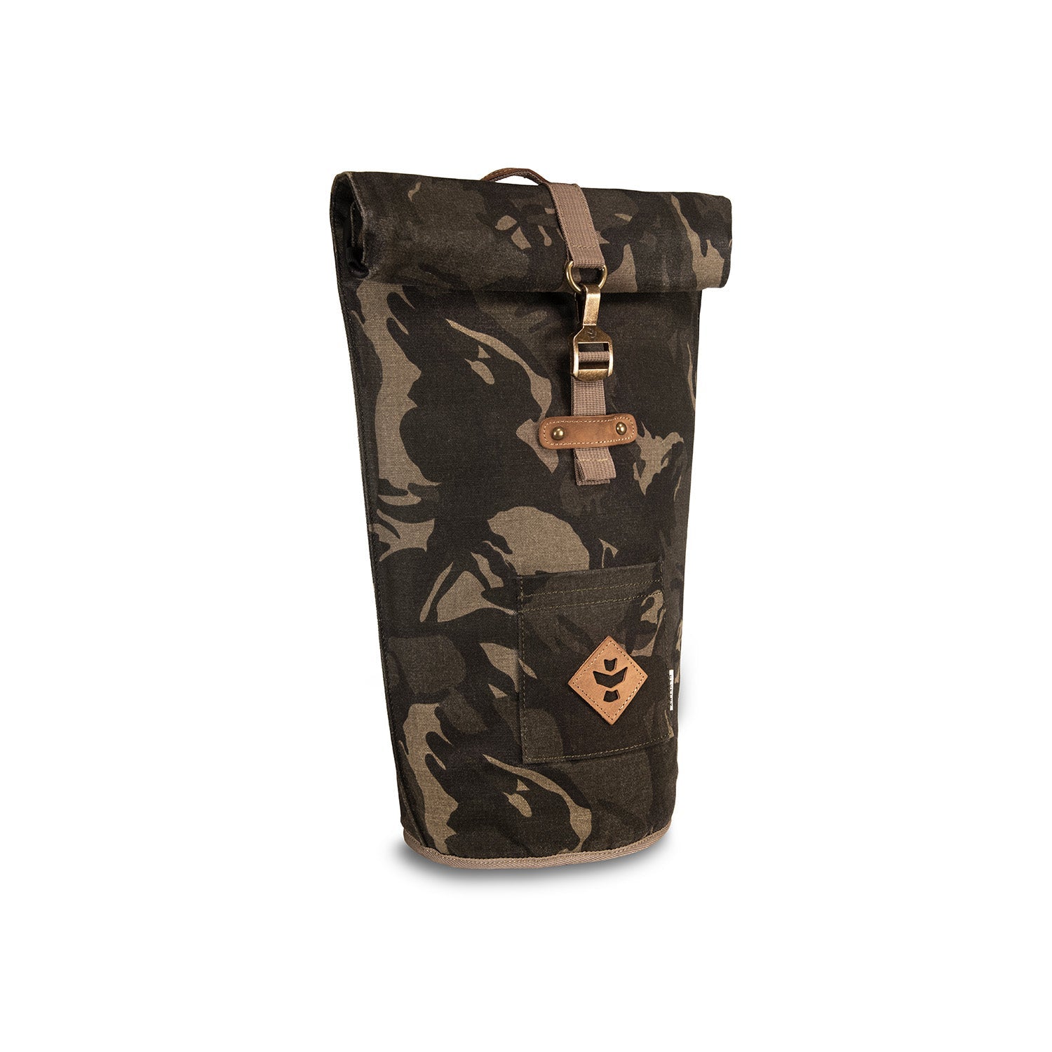 a camo bag with a brown leather handle