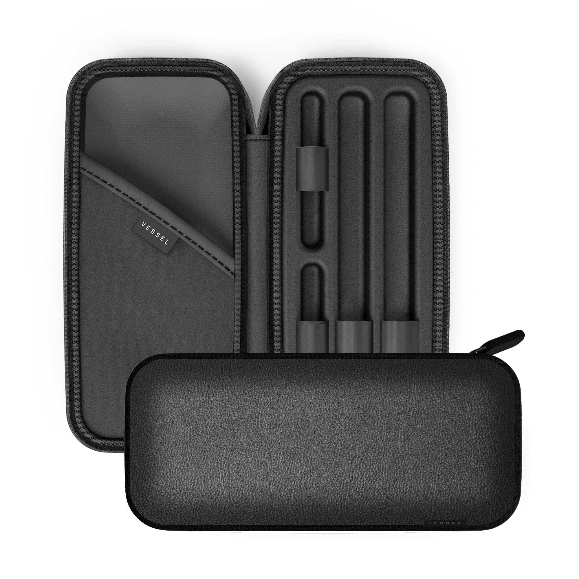 a black case with a pen and pencil in it