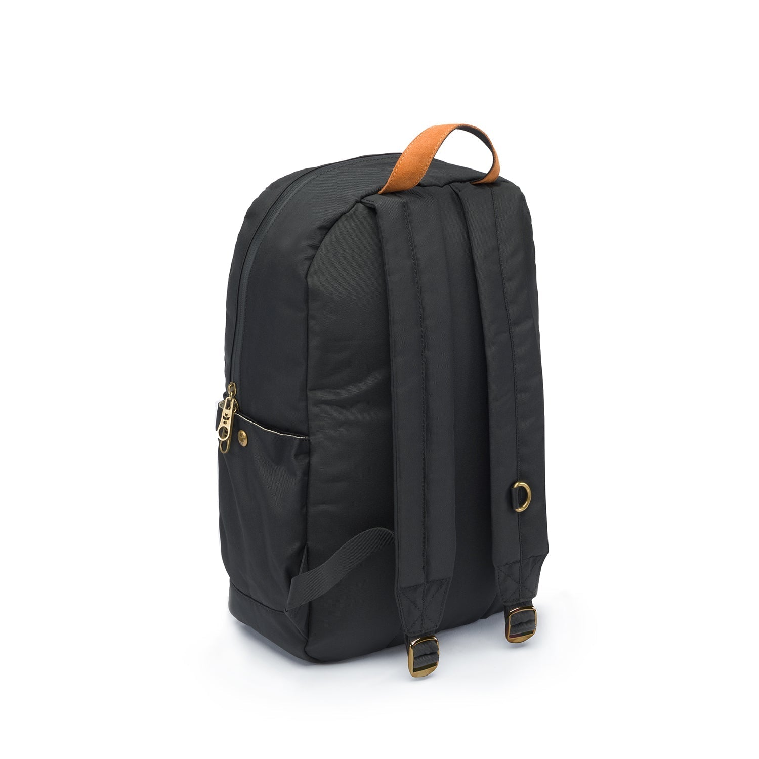 a black backpack with a brown leather handle