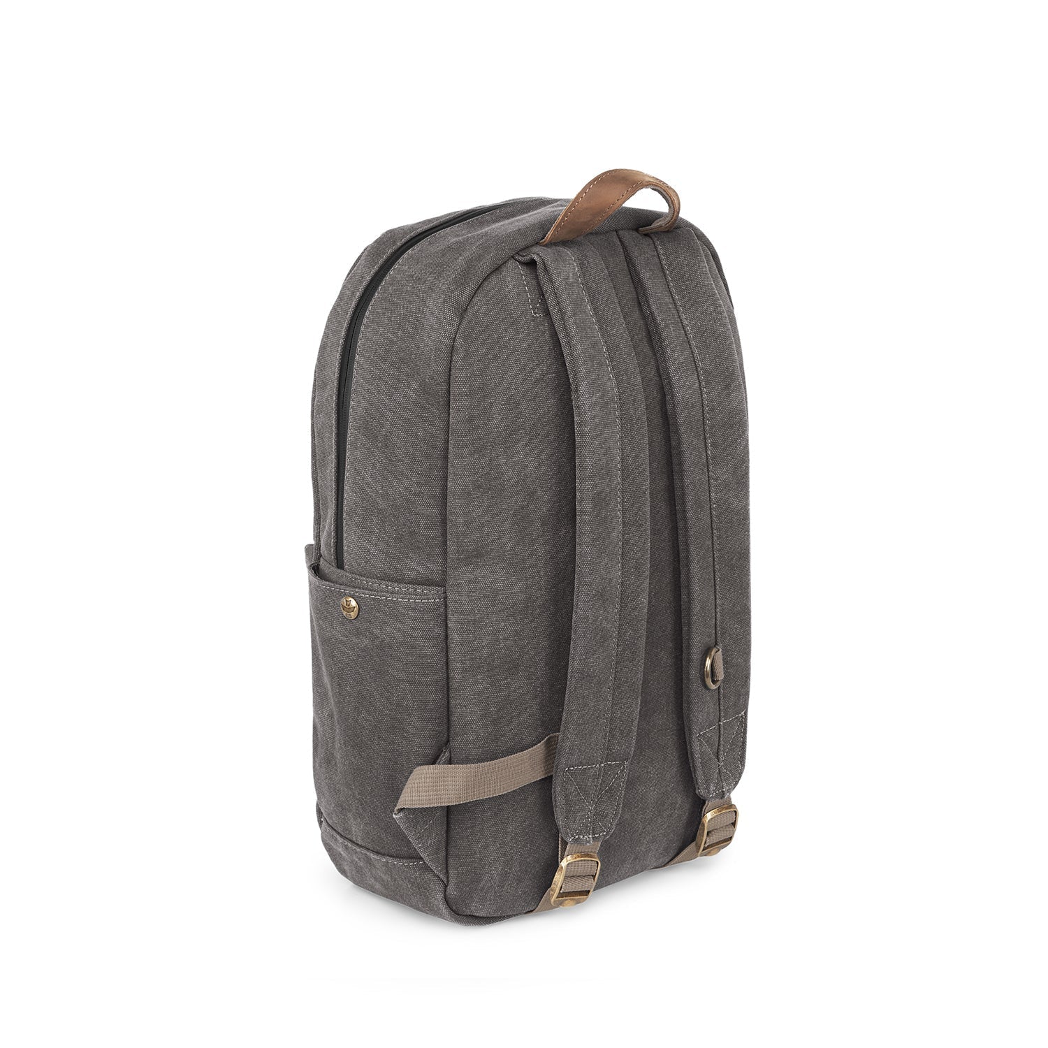 a gray backpack with a brown strap