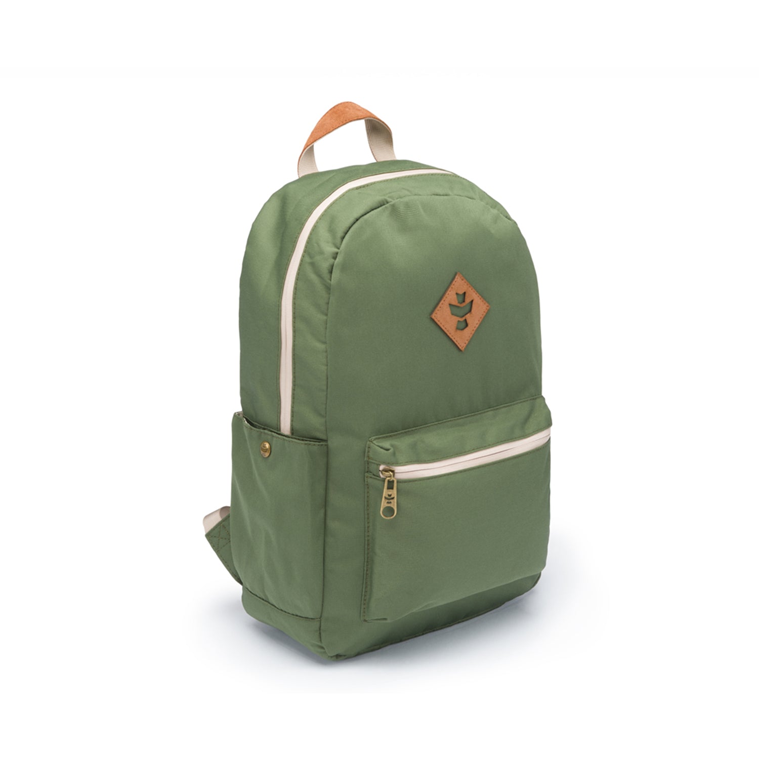 a green backpack with a brown and white stripe