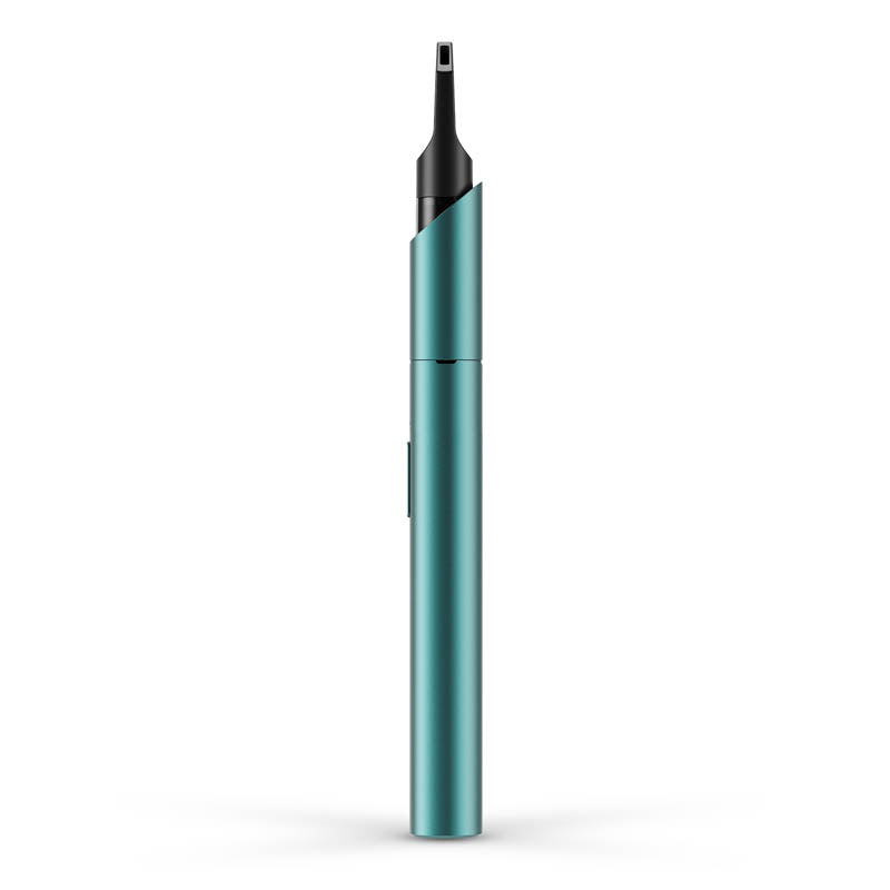 a blue pen with a black tip on a white background