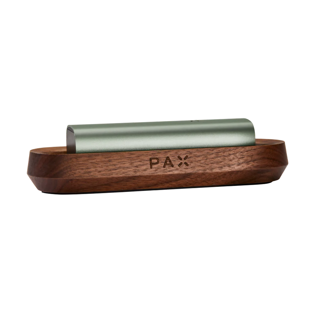 a wooden pen holder with a pen in it