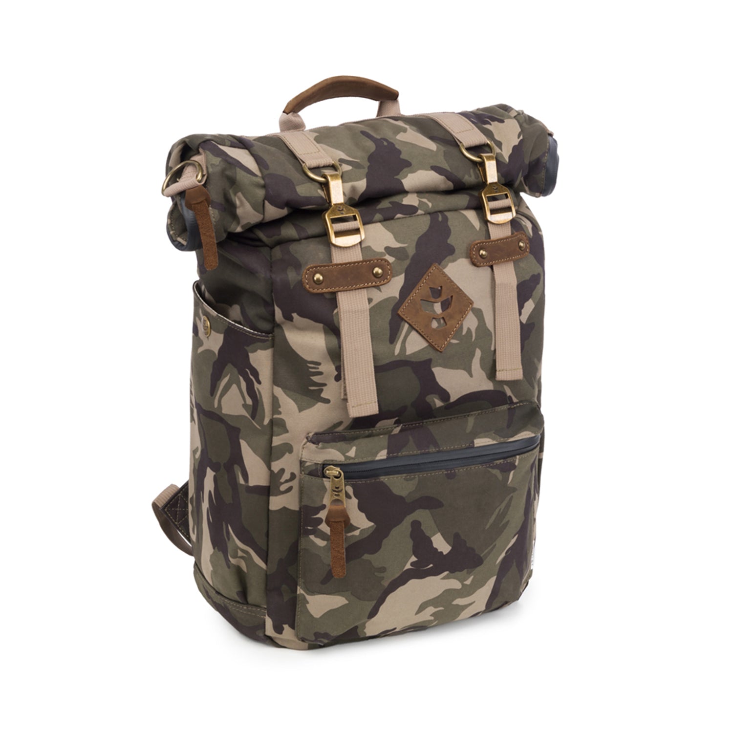 a camo backpack with a brown leather handle