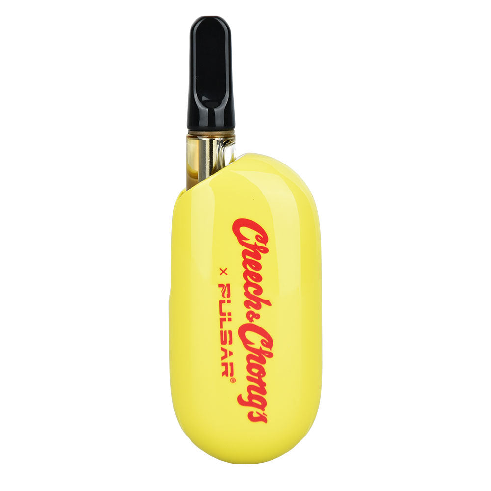 a yellow lighter with a black top on a white background