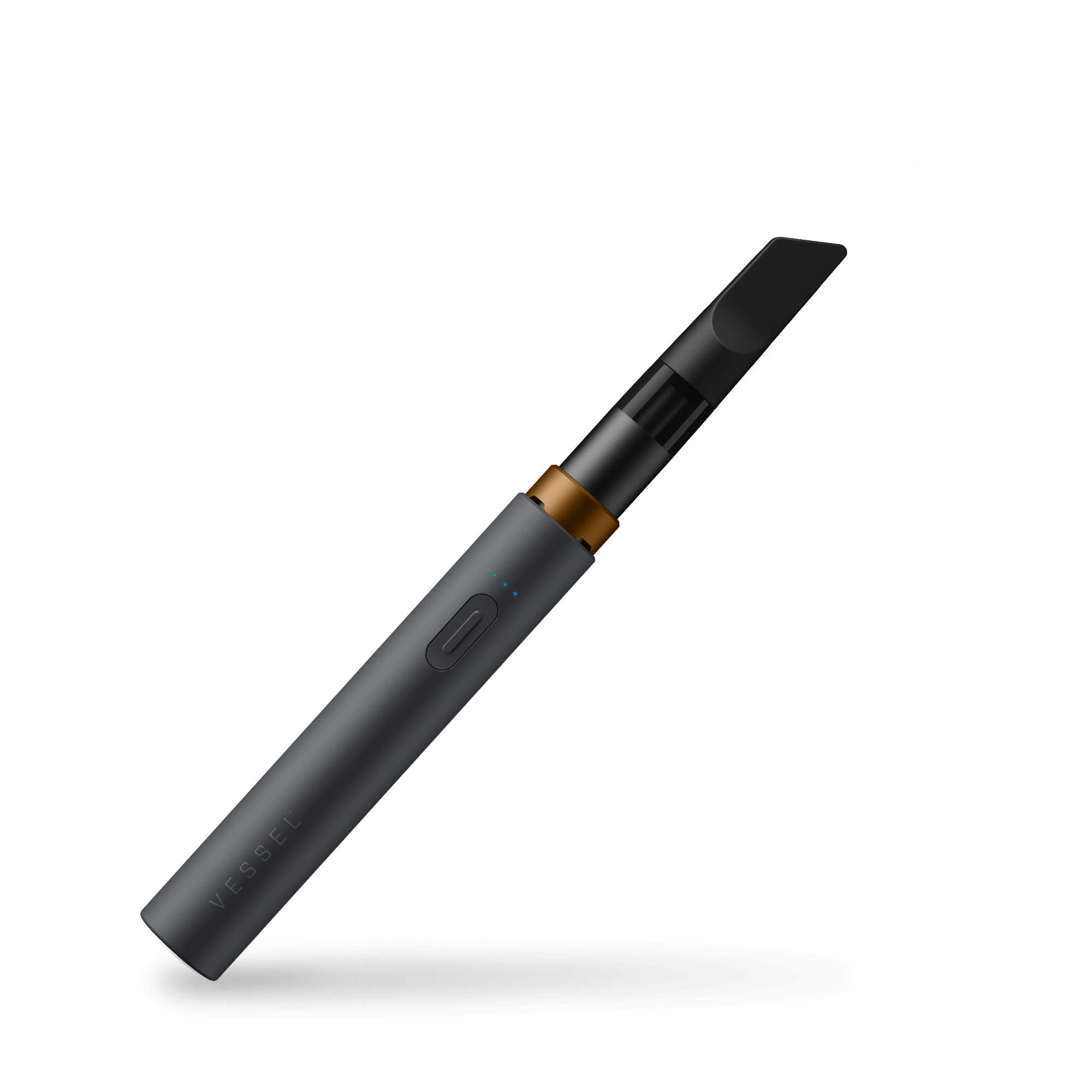 a black pen with a gold tip on a white background