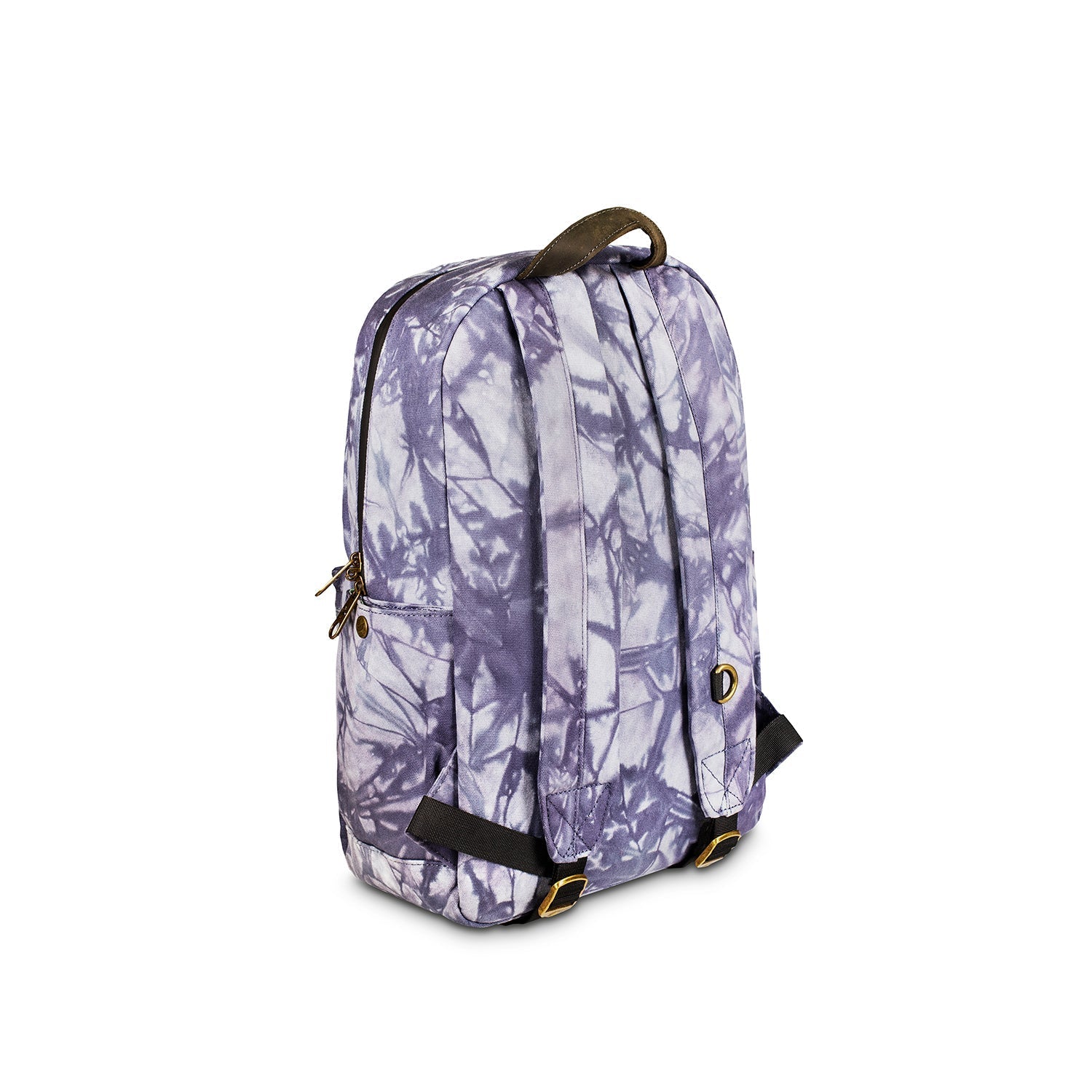 a purple and white backpack sitting on top of a white floor