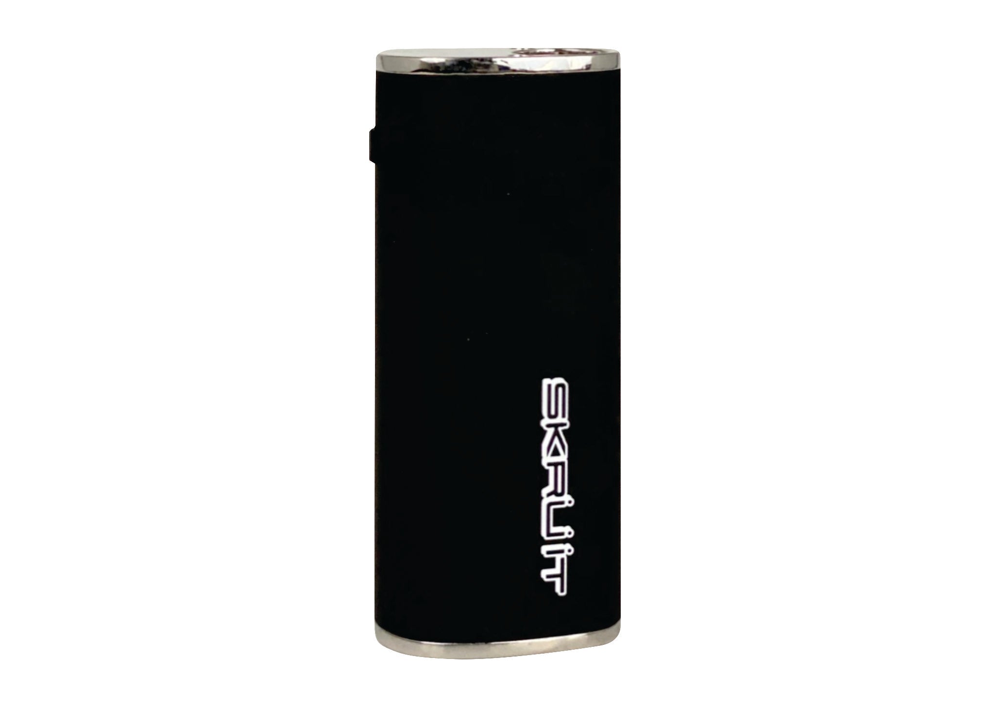 a black lighter with a white logo on it